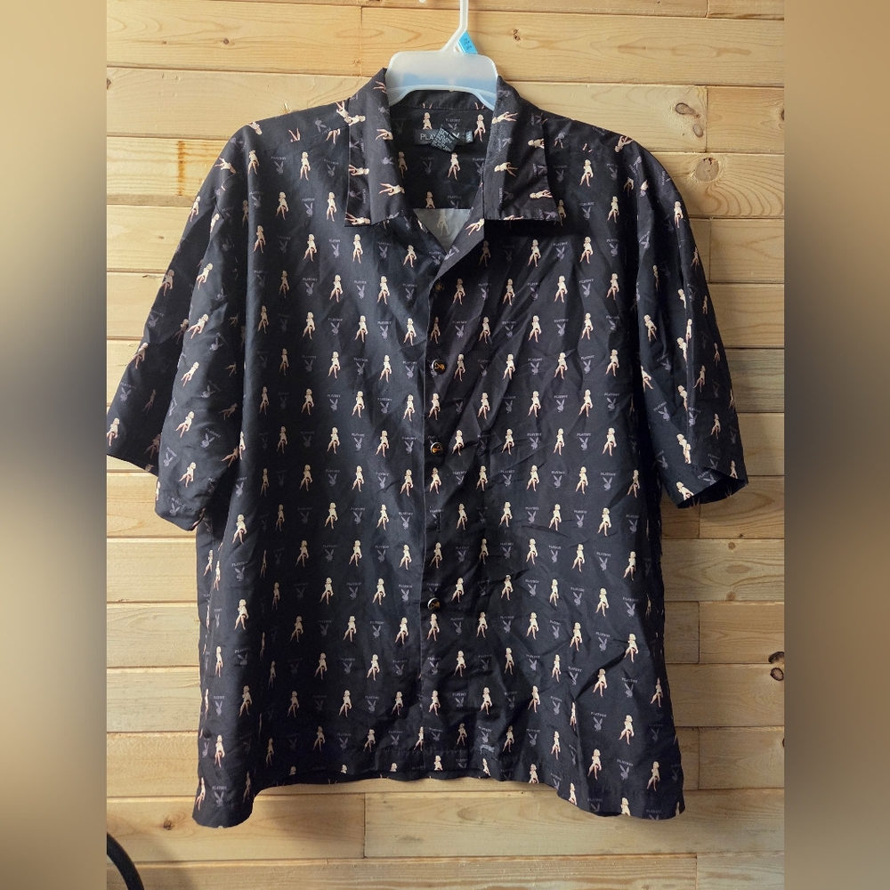 PLAYBOY VINTAGE Short Sleeve Black Dress Shirt Marilyn Monroe Pattern XXL